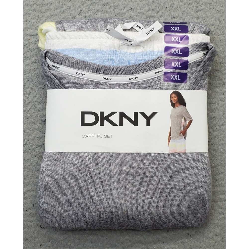 DKNY 2 Piece Capri Pajama Set Women XXL Multi Knit Stretch Short Sleeve Pullover